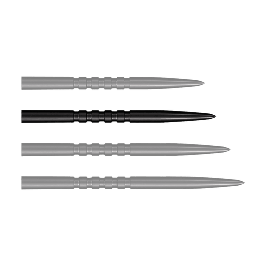 Zu sehen sind schwarze Steeldartspitzen. Dies ist das Modell Grip Point in 35 mm Länge.