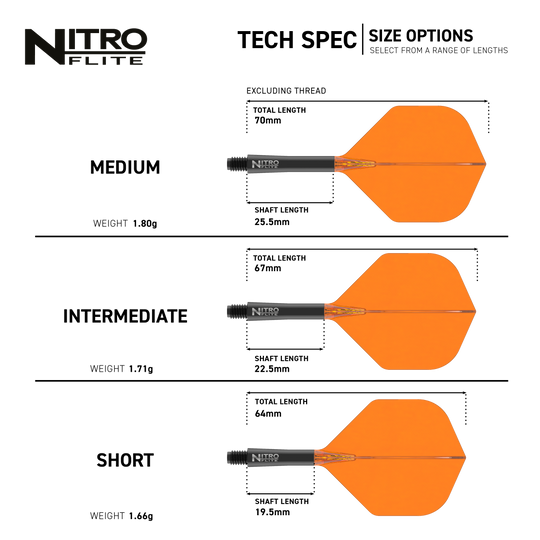 Hier sieht man den Red Dragon Nitroflite Black Shaft Orange Flights No2. Die Kombination aus schwarzem Schaft und orangen Flights ist deutlich zu erkennen.
