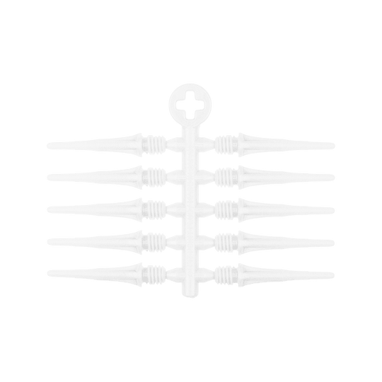Cosmo Fit Point Plus 2BA Spitzen 19mm (50er Pack) Auf dem Bild sind acht weiße Ersatzspitzen für Dartpfeile zu sehen, die an einem Halter befestigt sind. Oben am Halter befindet sich ein rundes Element mit einem Kreuz in der Mitte.