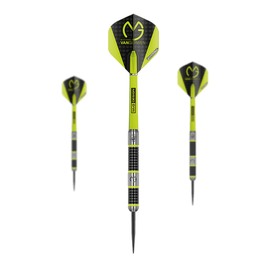 Winmau Michael Van Gerwen MvG Aspire Steeldarts Das Bild zeigt drei Winmau Michael Van Gerwen MvG Aspire Steeldarts. Die Darts sind schwarz-gelb gestaltet und tragen das MvG-Logo auf den Flights.
