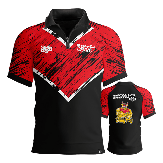 Polokošile Shot Michael Smith s červenými pruhy a logem Abgebildet wird das Shot Michael Smith Red Strip Polo Dartshirt. Dieses Polo ist ideal für Dartspieler und Fans.