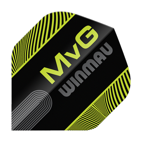 Letky Winmau Prism Delta MvG Black Green Text No2 Standard Zu sehen ist das Produkt Winmau Prism Delta MvG Black Green Text No2 Standard Flights. Die Flights sind für Darts, in den Farben Schwarz und Grün mit Text.
