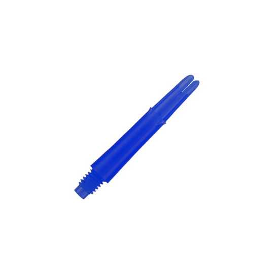 L-tvarované L-hřídele, rovné, zajištěné - modré Das Bild zeigt einen blauen geraden Dart-Schaft mit Gewinde am unteren Ende. Der Schaft ist 32 mm lang und hat keine Kappen.