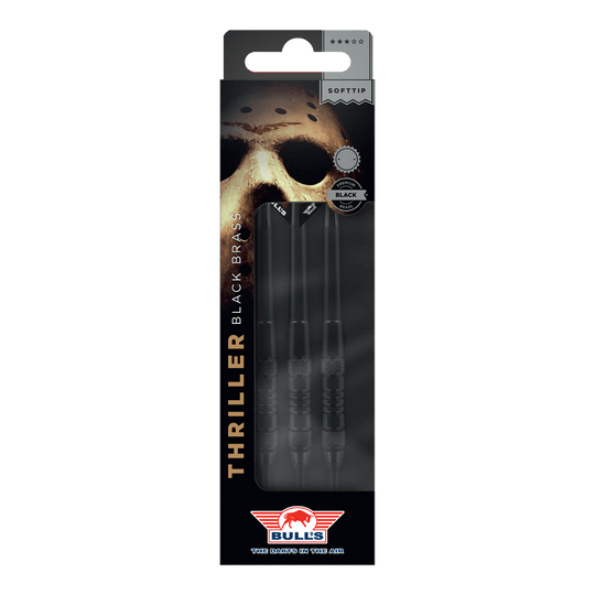 Hier sind Bulls NL Thriller Black Brass Softdarts mit einem Gewicht von 18 Gramm abgebildet. Die Darts sind für das Softdartspiel konzipiert.