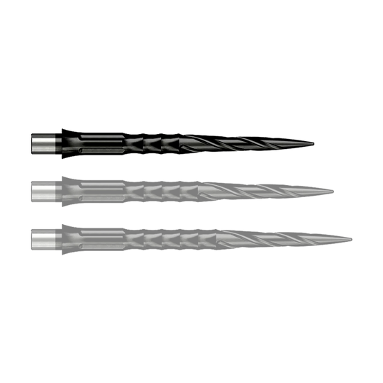Das Bild zeigt Steeldartspitzen aus der Datei 'EVO007_Caliburn_Evo_System_Steeldartspitzen_Spiro_NoLip_Black_28mm_1_(1)'. Eine einzelne schwarze Dartspitze ist deutlich sichtbar.