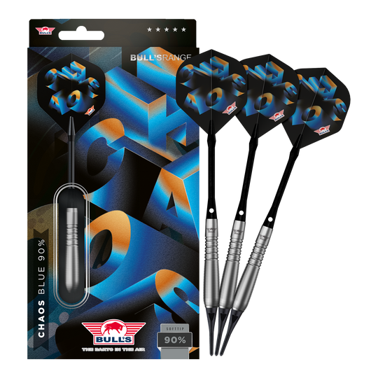 Šipky Bulls NL Chaos Blue Soft - 19g Das Foto präsentiert Bulls NL Chaos Blue Softdarts mit 19g Gewicht in ihrer vollen Länge. Die Softdarts sind in auffälligem Blau gehalten.