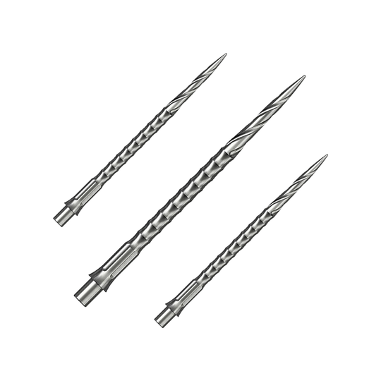 Ocelové hroty na šipky Caliburn System - Spiro - NoLip - stříbrné Dieses Bild zeigt ein Set von silbernen Steeldartspitzen des Caliburn Evo Systems. Das Spiro NoLip Design ist erkennbar, die Spitzen sind 40 mm lang.
