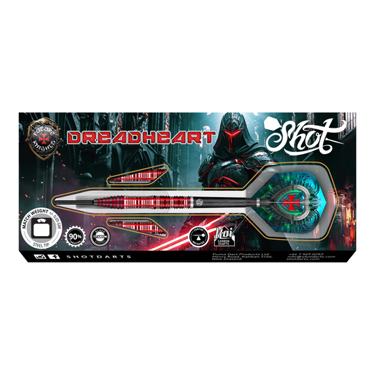Das Bild zeigt die Verpackung der "Shot Future Knights Dreadheart Steeldarts". Im Hintergrund ist eine futuristische Ritterfigur abgebildet, und der Dartpfeil ist prominent in der Mitte platziert.