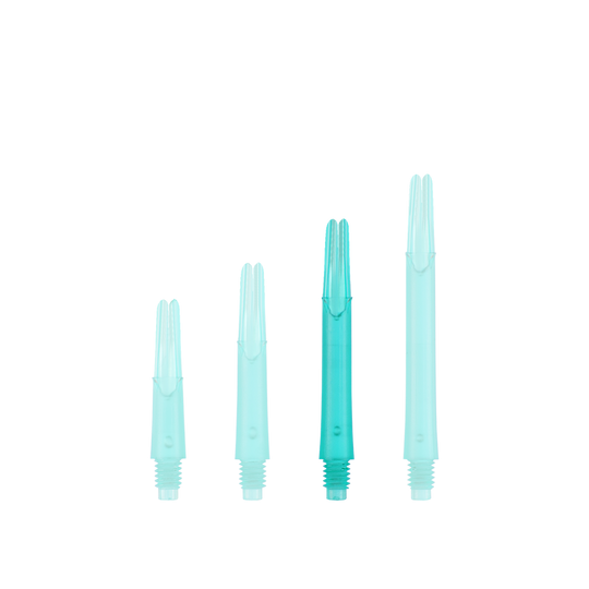 L-L-Style-Shafts Uzamčené rovné - Emerald Das Bild zeigt vier türkisfarbene, gerade Kunststoffschäfte, die in aufsteigender Reihenfolge von links nach rechts angeordnet sind. Sie haben unten ein Schraubgewinde und sind oben für die Aufnahme von Flights vorgesehen.