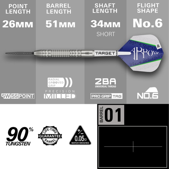 Ocelové šipky Target Shane McGuirk GEN1 Swiss Point - 23g Das Bild zeigt den Target Shane McGuirk GEN1 Swiss Point Steeldart mit einem Gewicht von 23g. Die wichtigsten Maße sind: Spitzenlänge 26mm, Barrellänge 51mm, Schaftlänge 34mm (kurz) und Flightform No.6.