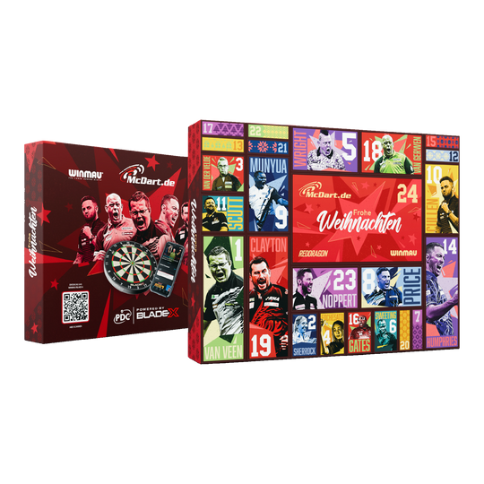 Adventní kalendář McDart Steel Darts 2026 Hier ist der McDart Steel-Darts Adventskalender 2026 abgebildet. Die Verpackung hebt das Adventskalender-Design für Darts-Spieler hervor.