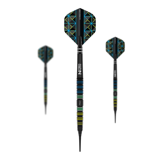 Das Bild zeigt drei Softdarts des Modells "Red Dragon Dragonfly 95 Black Tapered" mit einem Gewicht von 18g. Die Darts haben ein schwarzes Design mit bunten Akzenten und geometrisch gemusterten Flights.