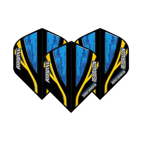 Red Dragon Airwing Luke Humphries Mistr světa Černá Modrá Standardní lety Das Bild zeigt drei Dartflights mit dem Namen "Red Dragon Airwing Luke Humphries World Champion Black Blue Standard Flights". Die Flights sind überwiegend blau und schwarz mit gelben Akzenten und weißer Schrift.