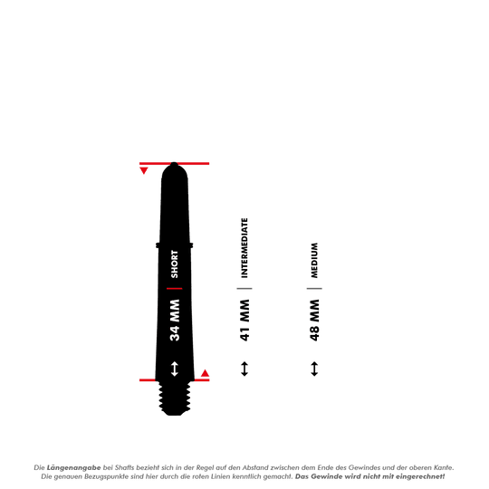 Násadky Target Pro Grip Vision - 3 sady - černé Das Bild zeigt einen kurzen Target Pro Grip Vision Shaft mit einer Länge von 34 mm. Rechts daneben sind die Größen "Intermediate" (41 mm) und "Medium" (48 mm) als Vergleich dargestellt.