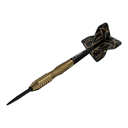 Šipky Mission Viktor Tingstrom Gold Steel - 22g Mission Viktor Tingstrom Gold Steeldarts - 22g wird im Bild präsentiert. Die Abbildung verdeutlicht die goldene Oberfläche der Darts.