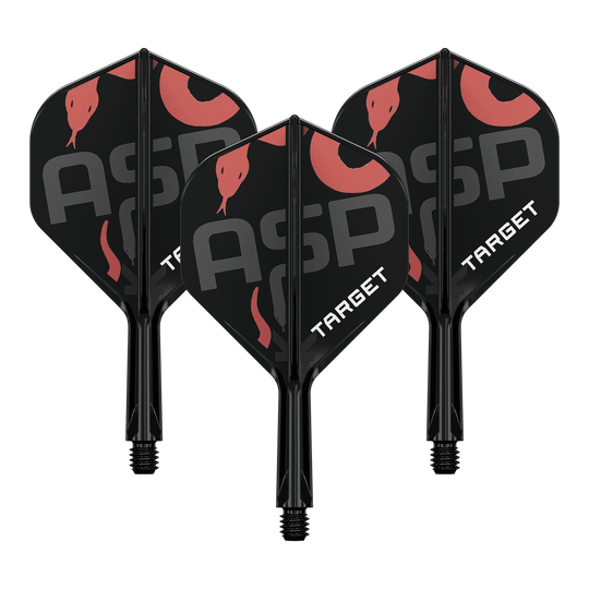 Systém standardních letových hřídelí Target K-Flex Nathan Aspinall No2 Auf dem Bild sind drei schwarze Dartflights mit Schäften zu sehen. Die Flights tragen die Aufschrift "ASP" und "TARGET" sowie ein rotes Schlangenmotiv.