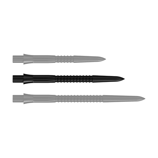 Špičky na šipky Mission Caliburn EVO GV1 - černé Schwarze Steeldartspitze mit 32 mm Länge aus der Misson Caliburn EVO GV1 Reihe. Das Produktbild zeigt eine einzelne Spitze im Detail.