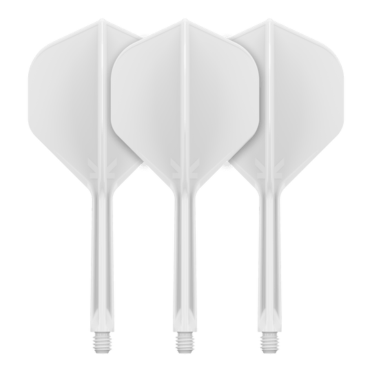 Standardní letový systém Target K-Flex No2 - bílý Auf dem Bild sind drei weiße Dartflights mit Schaft zu sehen. Sie stehen nebeneinander und haben eine klassische, standardmäßige Form.
