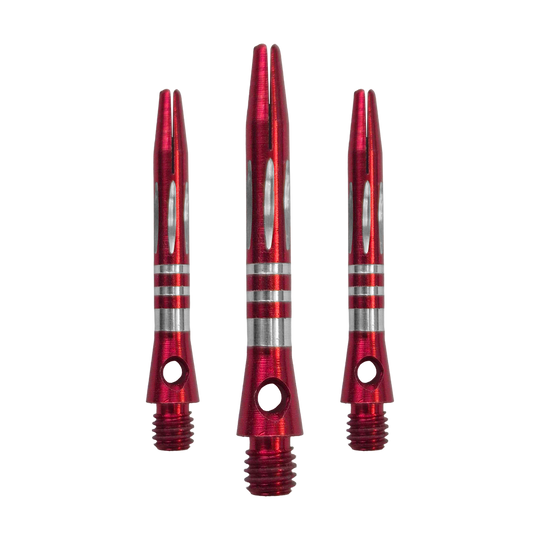 Hliníkové hřídele s diamantovým výbrusem - červené - 35 mm Das Bild zeigt ein Set der Ringed Diamond Cut Aluminium Shafts - Rot - 35 mm. Mehrere rote Aluminium-Dartschäfte liegen nebeneinander.
