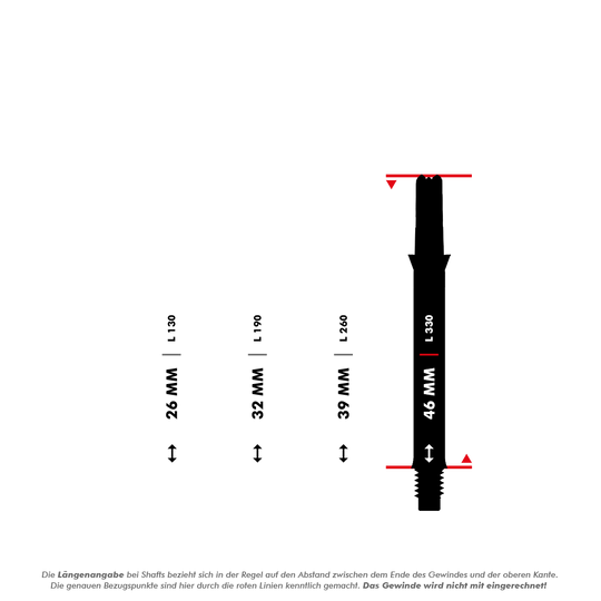 Das Bild zeigt vier unterschiedlich lange Dartschäfte mit Längenangaben in Millimetern (26 mm, 32 mm, 39 mm und 46 mm). Die Messpunkte für die Längen sind durch rote Linien markiert, und das Gewinde wird bei der Längenermittlung nicht mit einberechnet.