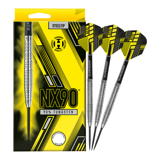 Harrows NX90 zúžené ocelové šipky s rychloupínáním Das Bild zeigt die Harrows NX90 Tapered Quick Point Steeldarts in voller Ansicht. Die Steeldarts sind für Präzision und Qualität bekannt.