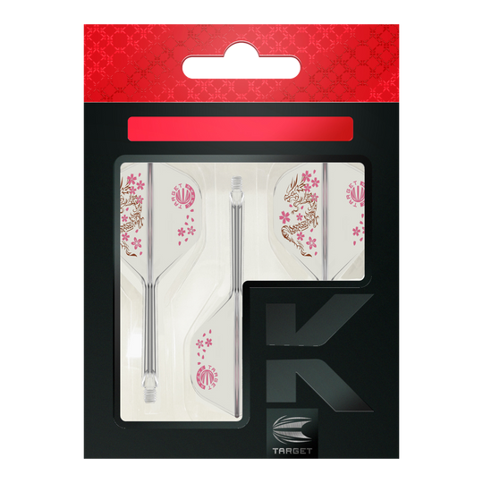 Das Bild zeigt das Produkt "Target Japan K-Flex Smash No2 Standard Flight-Shaft-System" in der Originalverpackung. Die Flights sind mit einem Drachen- und Kirschblütenmuster verziert.