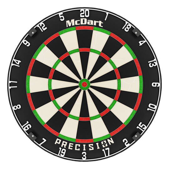 Ocelový terč McDart Precision Das Bild zeigt eine McDart Precision Steeldartboard. Die Scheibe ist schwarz, weiß, rot und grün gefärbt und hat gut sichtbare Zahlen am Rand.