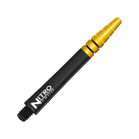 C702_Red_Dragon_Nitrotech_Black_Gold_Shafts_42mm_2 Auf dem Bild ist ein Dartshaft in Schwarz und Gold zu sehen. Auf dem Schaft steht der Schriftzug "NITRO TECH".