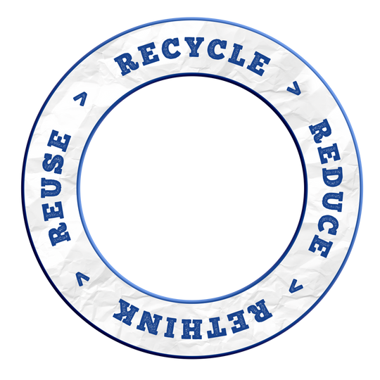 Das Produkt DBS-RRRR3_Surround_Recyle_Reuse_Reduce_Rethink_Blau_2 ist abgebildet. Es scheint ein nachhaltiges, blaues Objekt mit Bezug auf Wiederverwertung zu sein.