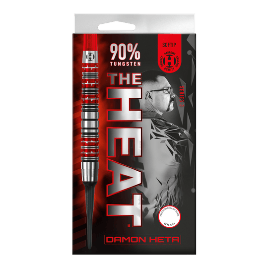 Die Abbildung zeigt die Verpackung der "Harrows Damon Heta Series 3 Softdarts". Auf der Verpackung stehen "90% Tungsten" und ein Porträt von Damon Heta im Hintergrund.