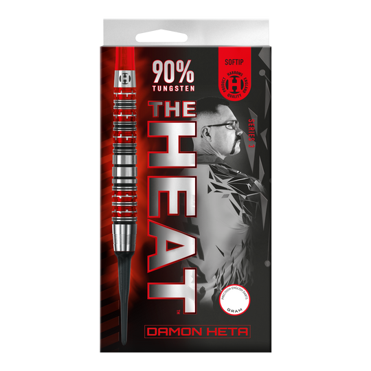 Měkké šipky Harrow's Damon Heta Series 3 Die Abbildung zeigt die Verpackung der "Harrows Damon Heta Series 3 Softdarts". Auf der Verpackung stehen "90% Tungsten" und ein Porträt von Damon Heta im Hintergrund.