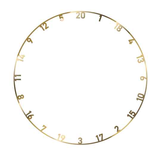 Der Bild zeigt einen goldenen Zahlenring für eine Dartscheibe mit den Zahlen von 1 bis 20. Der Ring ist für das Produkt "Bulls NL Steeldartboard Zahlenring 3-er Set - Gold Silber Weiß" gedacht.