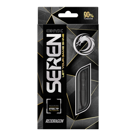 Die Abbildung zeigt die Verpackung der "Red Dragon Seren 3 Onyx Steeldarts". Auf der Schachtel steht, dass die Darts aus 90% Tungsten bestehen.