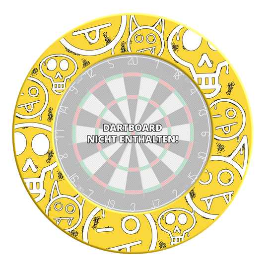McDart Graffiti Emojis Dartboard Surround Das Foto zeigt das Produkt mit dem Dateinamen MSF-A6_McDart_Graffiti_Emojis_Dartboard_Surround_Gelb_3. Es handelt sich um einen gelben Dartboard Surround mit Graffiti Emojis.