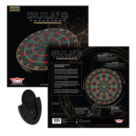 Ocelový terč Bulls NL Advantage Black Edition Das Bild zeigt das Bulls NL Advantage Black-Edition Steeldartboard. Dies ist eine schwarze Dartscheibe für Steeldart-Spiele.