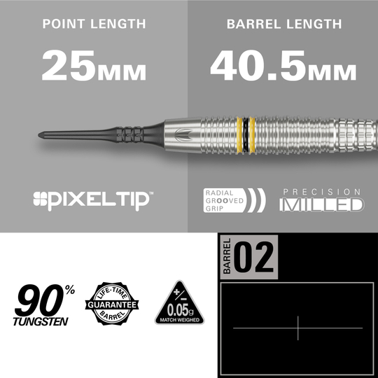 Měkké šipky Target Scott Williams GEN2 - 18g Das Bild zeigt die Target Scott Williams GEN2 Softdarts mit einer Spitzenlänge von 25 mm und einer Barrel-Länge von 40,5 mm. Der Dart besteht zu 90 % aus Tungsten und verfügt über eine präzise gefräste, radial gerillte Griff-Fläche.