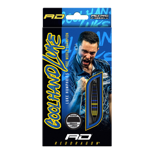 Šipky Red Dragon Luke Humphries World Champion Brass Softdarts - 20g Auf der Verpackung ist der Red Dragon Luke Humphries World Champion Brass Softdart mit 20g zu sehen. Im Hintergrund befindet sich ein jubelnder Mann in blauem Hemd.