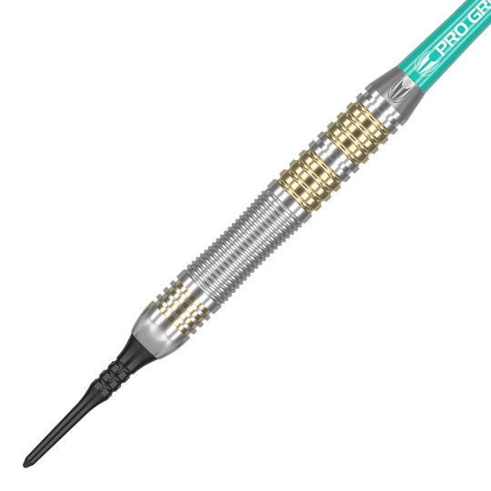 Šipky Target Rob Cross Brass Soft - 18g Das Bild zeigt einen Target Rob Cross Brass Softdart mit einem Gewicht von 18 Gramm. Der Dartpfeil hat ein silbernes und goldenes Rillen-Design sowie eine schwarze Kunststoffspitze.