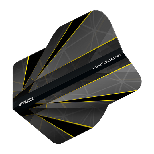 Das Bild zeigt das Produkt "Red Dragon Hardcore Seren Onyx No2 Standard Flights". Die Dart-Flights sind in Schwarz und Grau mit gelben Linien und modernen Mustern gestaltet.