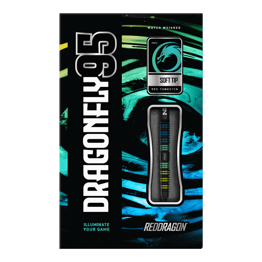 Auf dem Bild ist die Verpackung der "Red Dragon Dragonfly 95 Black Tapered Softdarts - 18g" zu sehen. Die Packung ist schwarz mit türkisfarbenen und gelben Akzenten und zeigt einen Softdart aus 95% Tungsten im Sichtfenster.