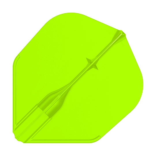 Lety L-L-Style3EZ Das Bild zeigt eine leuchtend grüne Dartflight-Flosse. Sie hat eine leicht transparente Oberfläche und eine klassische Form.