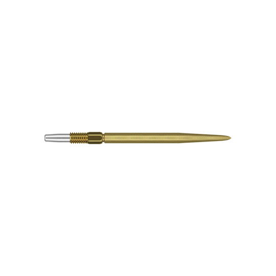 Nano šipkové hroty Swiss Point – zlaté Dies ist eine goldfarbene Dartspitze mit feiner Riffelung. Sie hat am Ende ein silbernes Verbindungsstück.