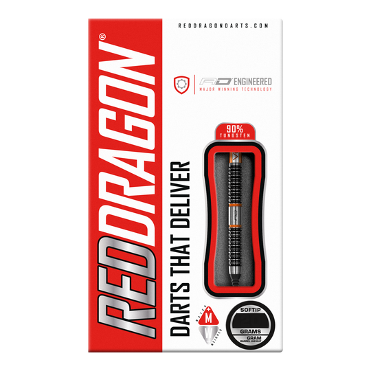 Šipky Red Dragon Amberjack 18 měkkých - 20g Auf dem Bild ist die Verpackung der "Red Dragon Amberjack 18 Softdarts - 20g" zu sehen. Die Verpackung ist überwiegend rot und weiß und zeigt einen Softdart mit 90% Tungsten.