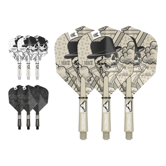 Sada pro letku Target Ink Dimitri Van Den Bergh Das Bild zeigt drei unterschiedlich gestaltete Dartflights und -schäfte mit einem Totenkopf-Motiv und dem Text "Dream Maker". Die Designs sind in den Farben Beige, Schwarz und Weiß gehalten.