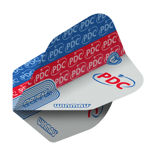Das Bild zeigt das Produkt "Winmau Prism Zeta PDC No6 Flights". Die Dartflights sind in den Farben Blau, Rot und Weiß gestaltet und tragen die Aufschriften "PDC", "Winmau" und "Prism Zeta".