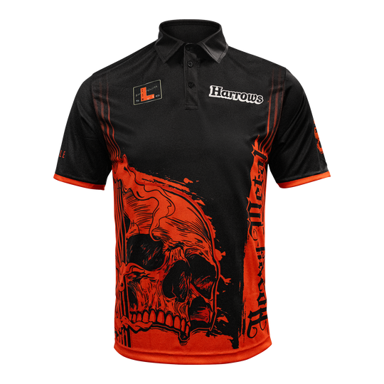 Harrowovo tričko s heavy metalovým hráčem Ryanem Searlem Das Bild zeigt das Harrows Ryan Searle Heavy Metal Playershirt. Es ist ein spezielles Dartshirt, das für Spieler entworfen wurde.