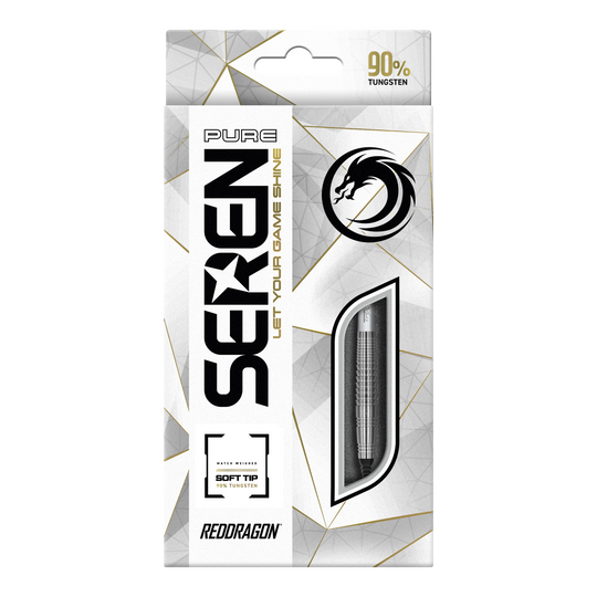 Die Abbildung zeigt die Verpackung der "Red Dragon Seren 4 Pure Softdarts - 20g". Auf der Packung ist ein Dartpfeil zu sehen und sie hebt 90% Tungsten als Material hervor.