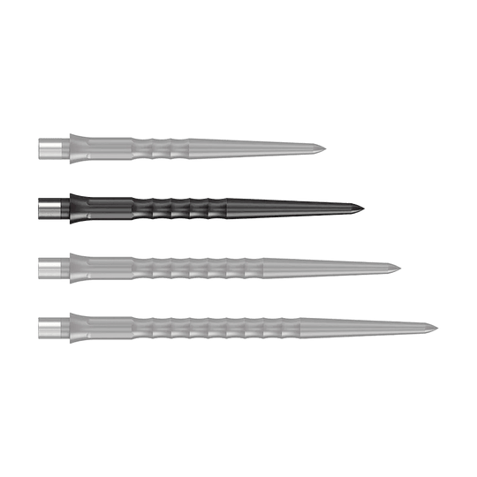 Caliburn System Steel Dart Tips - Ripple - NoLip - Black Auf dem Bild ist eine schwarze Steeldartspitze mit Ripple NoLip Design, 32 mm lang, zu sehen. Sie ist Teil des Caliburn Evo Systems.
