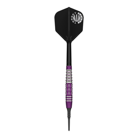 Das Bild zeigt einen Softdart aus der Serie 'Target Japan Prime Series Tung Suk Zenith GEN1' mit einem Gewicht von 19g. Der Dart hat eine schwarz-violette Optik mit silbernen Akzenten am Griff.
