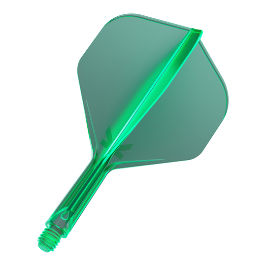Standardní letový systém Target K-Flex No2 - zelený Das Bild zeigt ein grünes Dartflight mit integriertem Schaft. Es hat eine standardmäßige, leicht transparente Form.